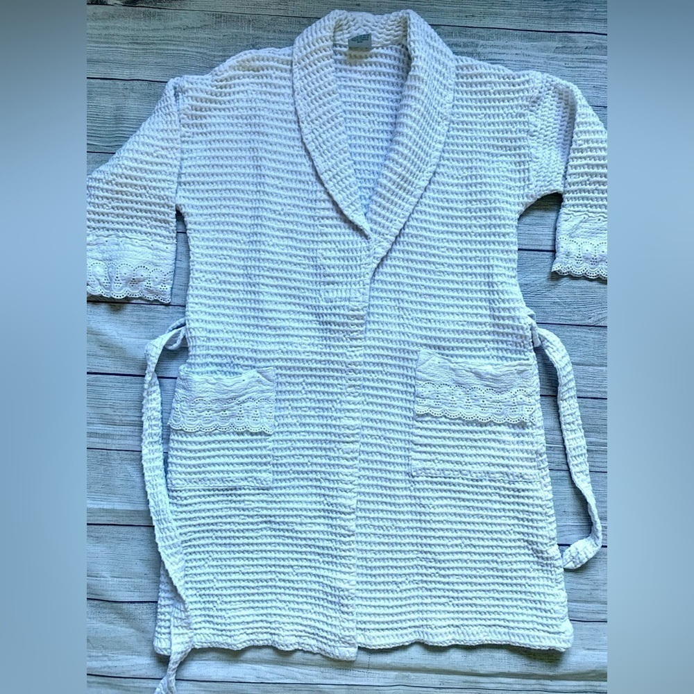 Women’s 100% Cotton White Waffle Knit Robe with Eyelet Accent Trim - Picture 7 of 15